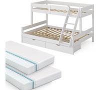 Vitalispa lit superposé Everest, 140x200 / 90x200 cm avec 2 matelas et 2 tiroirs, Blanc