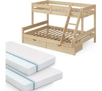 VitaliSpa lit superposé Everest, Naturel Bois, 140x200 / 90x200 cm avec 2 Matelas et 2 tiroirs