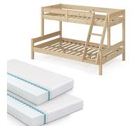 VitaliSpa Lit superposé Everest, Naturel Bois, 120x200 / 80x200 cm avec 2 Matelas, avec escalier intégré et système de sommier à Lattes Stable