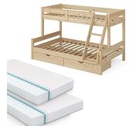 VitaliSpa Lit superposé Everest, Naturel Bois, 120x200 / 80x200 cm avec 2 Matelas et 2 tiroirs, avec escalier intégré et système de sommier à Lattes Stable