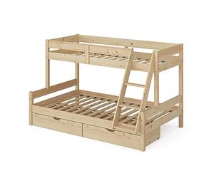 VitaliSpa Lit superposé Everest, Naturel Bois, 120x200 / 80x200 cm avec tiroirs, avec escalier intégré et système de sommier à Lattes Stable