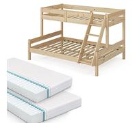 VitaliSpa Lit superposé Everest, Naturel Bois, 140x200 / 90x200 cm avec 2 Matelas, avec escalier intégré et système de sommier à Lattes Stable