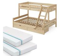 VitaliSpa Lit superposé Everest, Naturel Bois, 140x200 / 90x200 cm avec 2 Matelas et 2 tiroirs, avec escalier intégré et système de sommier à Lattes Stable