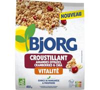 Vitalité au quotidien avec Bjorg Céréales croustillantes amandes effilées, cranberries et chia, format familial 450g - Lot de 3