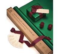 Vitalizart Papier Cadeau Métallisé Vert Foncé 43 cm x 5 m avec 3 Rouleaux de Rubans Bordeaux à Franges et 6 Étiquettes Cadeaux, Ensemble de Papier Cadeau de Luxe pour Anniversaire, Mariage et Noël