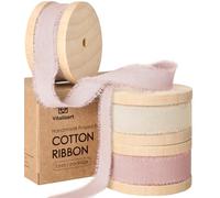 Vitalizart Ruban de Coton 1,6 cm x 19,2 m (3 Rouleaux*6,4 m) Blanc & Rose, Franges Faites Main Rubans en Tissu pour Invitations de Mariage Bouquets de Mariée Vacances Décoration Emballage Cadeau