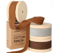 Vitalizart Ruban de Coton 1,6 cm x 19,2 m (3 Rouleaux*6,4 m) Gris & Marron, Franges Faites Main Rubans en Tissu pour Invitations de Mariage Bouquets de Mariée Vacances Décoration Emballage Cadeau