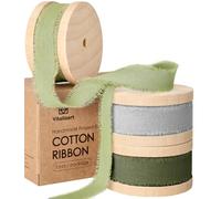 Vitalizart Ruban de Coton 1,6 cm x 19,2 m (3 Rouleaux*6,4 m) Gris & Vert, Franges Faites Main Rubans en Tissu pour Invitations de Mariage Bouquets de Mariée Vacances Décoration Emballage Cadeau