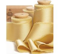 Vitalizart Ruban de Mousseline Soyeux Doré 3,8 cm x 13,7 m, Rubans Effilochés en Tissu à Franges Faits à la Main pour l'Emballage de Cadeaux, les Décorations Festives, les Bouquets de Mariées