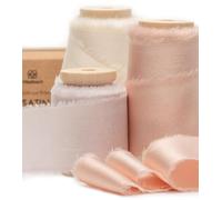 Vitalizart Ruban de Mousseline Soyeux Nude & Rose 3,8 cm x 13,7 m, Rubans Effilochés en Tissu à Franges Faits à la Main pour l'Emballage de Cadeaux, les Décorations Festives, les Bouquets de Mariées