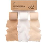 Vitalizart Ruban en Mousseline Brun Clair & Blanc & Nude 3,8 cm x 19,2 m, Fait Main avec Franges, Ruban Effiloché pour Invitations de Mariage, Bouquets de Mariée, Cadeaux Emballages, Bricolage