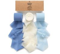 Vitalizart Ruban en Mousseline de Soie Blanc & Bleu, Fait Main avec Franges, Total 3,8 cm x 19,2 m, Ruban Effiloché pour Invitations de Mariage, Bouquets de Mariée, Cadeaux Emballages, Bricolage