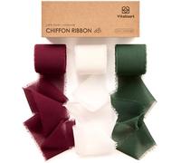 Vitalizart Ruban en Mousseline de Soie Vert & Blanc & Rouge 3,8 cm x 19,2 m, Fait Main avec Franges, Ruban Effiloché pour Invitations de Mariage, Bouquets de Mariée, Cadeaux Emballages, Bricolage