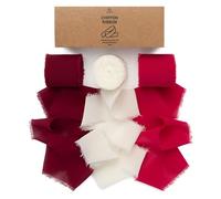 Vitalizart Ruban en Mousseline Rouge & Blanc 3,8 cm x 19,2 m, Fait Main avec Franges, Ruban Effiloché pour Invitations de Mariage, Bouquets de Mariée, Cadeaux Emballages, Bricolage