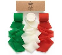 Vitalizart Ruban en Mousseline Rouge & Blanc & Vert 3,8 cm x 19,2 m, Fait Main avec Franges, Ruban Effiloché pour Invitations de Mariage, Bouquets de Mariée, Cadeaux Emballages, Bricolage