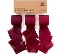 Vitalizart Ruban en Mousseline Rouge & Bordeaux 3,8 cm x 19,2 m, Fait Main avec Franges, Ruban Effiloché pour Invitations de Mariage, Bouquets de Mariée, Cadeaux Emballages, Bricolage