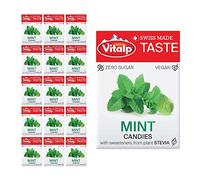 Vitalp Goût, fabriqué en Suisse, bonbons sans sucre avec stévia, végétalien, saveur menthe, paquets de 25 g, 16 boîtes