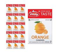 Vitalp Goût, fabriqué en Suisse, bonbons sans sucre avec stévia, végétalien, saveur orange, paquets de 25 g, 16 boîtes