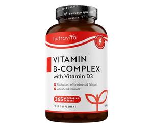 Vitamine B Complex Extra Fort avec Vitamine D - 365 Comprimés 1 an d'Approvisionnement - Sans Gluten - 8 Vitamines B actives - B1, B2, B3, B5, B6, B7 (Biotine) B9 (Acide Folique) B12 - Nutravita