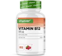 Vitamine B12 Framboise - 365 Comprimés à Sucer - Format 12 Mois - Forte Dose - Premium: 500 mcg de Méthylcobalamine Active + 8,8 mg Vitamine C par Comprimé - Végétalien