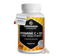 Vitamine C 1000 mg avec Vitamine D3 1000 UI & Zinc 10 mg, Complexe haute dose pour le système immunitaire, 400 gélules végétariennes, Zinc bisglycinate premium, Vitamaze