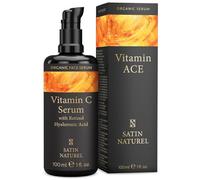 Vitamine C Serum Visage 100ml, Enrichi en Retinol + Acide Hyaluronique + Vitamine E à Base d' Aloe Vera Bio pour Peaux Sensibles, Formule Innovante pour effet Lifting Visage par Satin Naturel