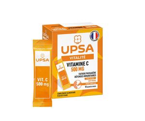 Vitamine C UPSA 500 mg - 10 sticks, prise sans eau Adulte & Enfants dès 10ans Complément alimentaire sucres, goût orange Fatigue passagère et défenses immunitaires Poudre 15 g