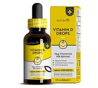 Vitamine D3 60ml pour Enfants - 400 UI/10 mcg par goutte et 2000 gouttes par flacon - Pour un système immunitaire sain et un développement osseux normal - Fabriqué par Nutravita