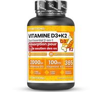 Vitamine D3 + K2, 365 Comprimés, 2000 UI D3, 100 µg K2, Vitastrong | Cure d'un An, Haut Dosage, MK-7, Maintien des Os et Système Immunitaire, Végétarien, Sans Gluten