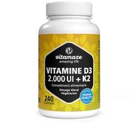 Vitamine D3 K2 All-Trans MK-7, 2000 UI de Vitamine D3 + 100 mcg de Vitamine K2, Hautement Dosée, 240 Comprimés, Sans Additifs Inutiles, Fabriqués en Allemagne, Vitamaze®