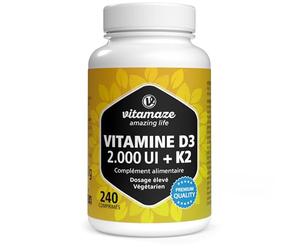Vitamine D3 K2 All-Trans MK-7, 2000 UI de Vitamine D3 + 100 mcg de Vitamine K2, Hautement Dosée, 240 Comprimés, Sans Additifs Inutiles, Fabriqués en Allemagne, Vitamaze®