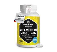 Vitamine D3 K2 Haute Dose, Vitamine D3 5000 UI + Vitamine K2 (MK7) - 180 Comprimés Pour les Os, les Muscles, le Système Immunitaire - Naturelle Sans Additifs. Qualité Allemande