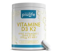 Vitamine D3 K2 MK7 + C PiùLife - 200 comprimés | 2000 UI Vitamine D, 200 µg K2, 125 mg Vit C | Immunité, Énergie & Soutien des Os et Dents | Boost Energie