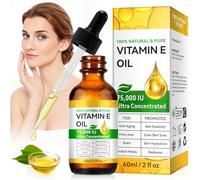 Vitamine E Huile 75,000 Ui- Huile De Vitamine E Bio Pour Cosmétiques 100% Naturelle Pour La Peau Visage La Pousse Des Cheveux Les Sourcils et Cils Hydrate La Peau Sèche et Atténue Les Cicatrices 60ml