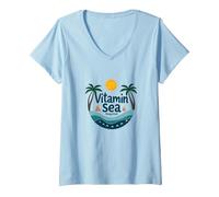 Vitamine mer requise : Vacances à la Plage Tropicale T-Shirt avec Col en V, Femme, Bleu Céleste, M