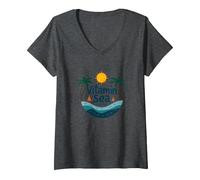 Vitamine mer requise : Vacances à la Plage Tropicale T-Shirt avec Col en V, Femme, Chiné Foncé, S