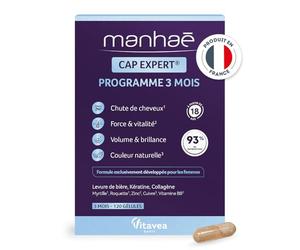 Vitavea - Manhaé - Cap Expert - Complément alimentaire - Chute de cheveux, force, volume, brillance - Biotine, levure de bière, kératine, collagène, minéraux - 120 gélules - Fabriqué en France