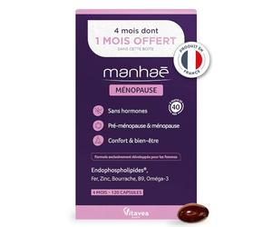 Vitavea Santé - Manhaé Ménopause 4 mois - Oméga-3 Bourrache - Cure 4 mois | Sans hormones - Protection Cellulaire - Efficacité Prouvée - Fer & B9 Anti-fatigue - Zinc & Vitamine E - Fabriqué en France