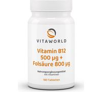 Vitaworld Vitamine B12 500 µg + acide folique 800 µg | 180 comprimés | hautement dosés | fabriqués en Allemagne | végétaliens