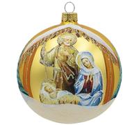 VITBIS - Boule de Noël en Verre - 10 cm - Soufflée à la Bouche - Décorée à la Main et fabriquée à la Main - Décoration de Sapin de Noël - Couleur dorée Mate avec décoration de la Sainte Famille