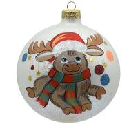 VITBIS - Boule de Noël en Verre - 12 cm - Soufflée à la Bouche - Décorée à la Main - Décoration de Sapin de Noël - Blanc Mat avec Renne
