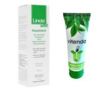 vitenda Kit : lait intensif pour la peau avec démangeaisons, sèches et irritées avec Linola Plus, à l'huile de chardon et à l'échinacée, 1 x 200 ml - Avec crème pour les mains vitenda