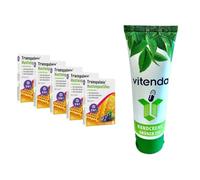vitenda Kit : pastilles anti-toux pour irritation de la toux et du cou irrité avec tranpulmine, ectoïne, baies de forêt, 5 x 20 pièces - avec crème pour les mains vitenda