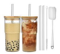 VITEVER Lot de 2 gobelets à eau en verre rayé transparent avec couvercle, verres striés, tasses à café glacé, verres à long drink, verres à thé, bulles (22 oz)