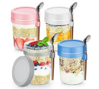 VITEVER Lot de 4 bocaux Overnight Oats réutilisables avec couvercle et cuillère, 280 ml en verre hermétique Overnight Oats Container avec marques de mesure, Wide Mouth Mason Jars pour salades,