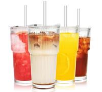 VITEVER Lot de 4 tasses en verre côtelé de 600 ml avec couvercle et paille, pour café glacé, long drink et smoothie, design hermétique et étanche, idéal comme café