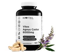 Vitex Agnus Castus Gattilier 6000 mg. 180 gélules végétaliennes pour 6 mois de traitement. Extrait concentré à 15:1 avec 0,5% de Vitexin, apportant 6000 mg. Fabriqué en Europe par HIVITAL