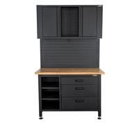 VITO - Etabli d'Atelier Garage avec Armoire de Rangement - Plan de Travail Bois 2 Armoires 3 tiroirs Panneau Porte Outils Mural Charge 500kg