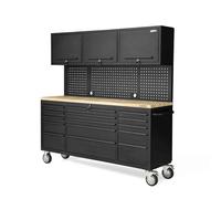 VITO - Etabli d'atelier sur roues Design - Armoire 3 Portes 182 x 51 x 186 cm 15 tiroirs à frein - Plan de travail Bois Charge 500kg