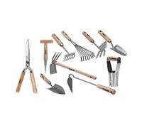VITO - Kit 10 Outils de Jardinage en Acier Inoxydable et Fer Forgé Manche en Bois Ergonomique Set Complet pour Entretien Potager Massifs et Plantation Fabriqué au Portugal
